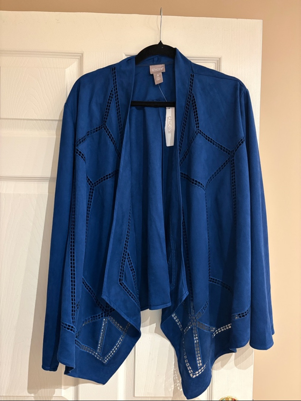 Chico's Royal Blue Open-Front Laser-Cut Draped Jacket